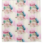 カラフルマカロンと花水彩模様 シャワーカーテン (正面)