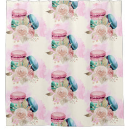 カラフルマカロンと花水彩模様 シャワーカーテン