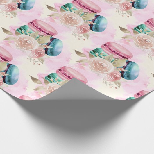 カラフルマカロンと花水彩模様 ラッピングペーパー (角)