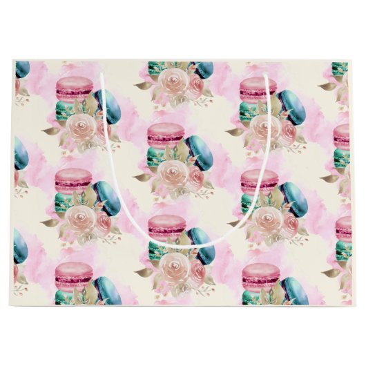 カラフルマカロンと花水彩模様 ラージペーパーバッグ (正面)