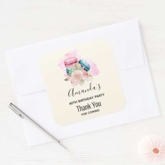 カラフルマカロンと花水彩誕生日 スクエアシール (封筒)