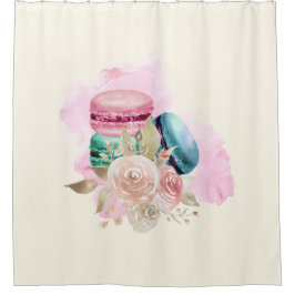 カラフルマカロンと花水彩 シャワーカーテン