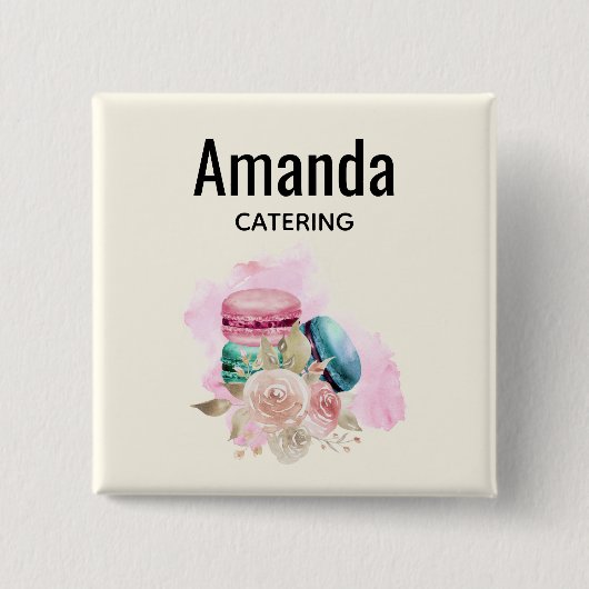 カラフルマカロンと花水色名タグ 缶バッジ (正面)