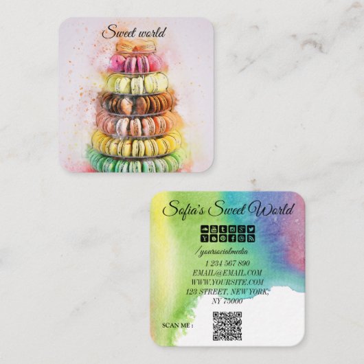 カラフルマカロンスイーツQrコーモダンド スクエア名刺 (正面/裏面)