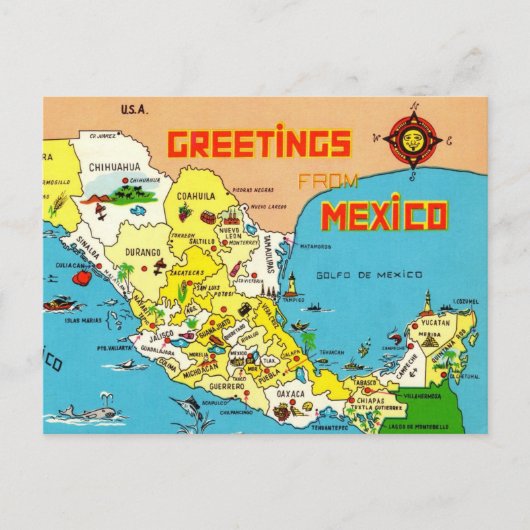 カラフルメキシコ地図 ポストカード (正面)