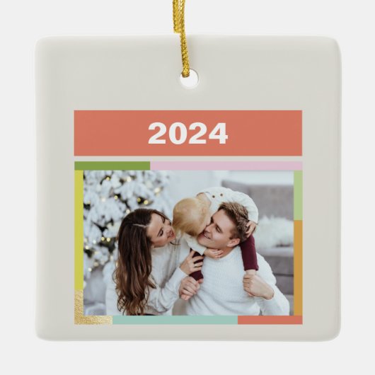 カラフルメリーの明るいおもしろい線のクリスマス セラミックオーナメント (正面)