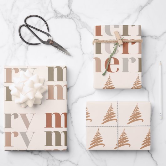 カラフルメリー文字パターンのクリスマスツリーのギフト ラッピングペーパーシート (正面)