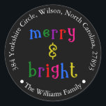 カラフルメリーBright Christmas Address Sticker ラウンドシール<br><div class="desc">カラフル&ブライトメリークリスマス差出人住所ブラックステッカー</div>