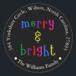 カラフルメリーBright Christmas Address Sticker ラウンドシール<br><div class="desc">カラフル&ブライトメリークリスマス差出人住所ブラックステッカー</div>