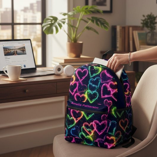 カラフルモダンガーリーネオンハートパーソナライズされた プリントバックパック
