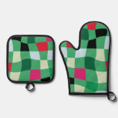 カラフルモダンタータンチェックの格子模様 鍋つかみ&鍋敷きセット (正面)