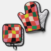 カラフルモダンタータンチェック 鍋つかみ&鍋敷きセット (正面/裏面)