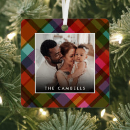 カラフルモダンチェッククリスマスフォト メタルオーナメント