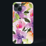 カラフルモダン名門私立校風の水彩保花 iPhone 13ケース<br><div class="desc">水モダン名門私立校風の色の花。白い背景に紫の桃とピンクの花</div>
