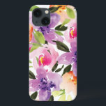 カラフルモダン名門私立校風の水彩保花 iPhone 13ケース<br><div class="desc">水モダン名門私立校風の色の花。白い背景に紫の桃とピンクの花</div>