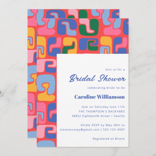 カラフルモダン抽象芸術ユニーク赤ブライダルシャワー 招待状 (正面/裏面)