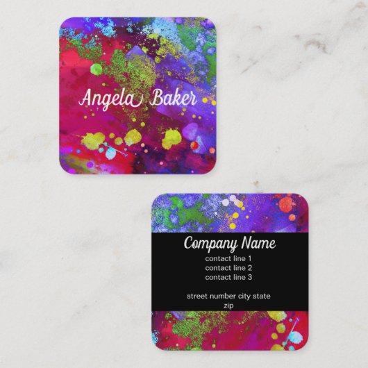 カラフルモダン抽象芸術水色(ばちゃばちゃ)跳ねるはっきりした スクエア名刺 (正面/裏面)
