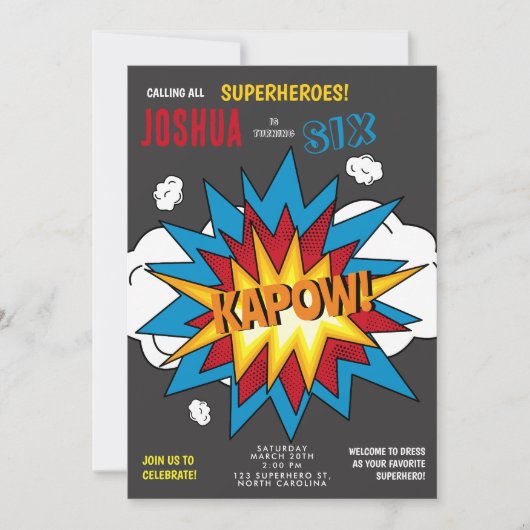 カラフルモダン漫画ブックKAPOWアポップ・アートのート誕生日 招待状 (正面)