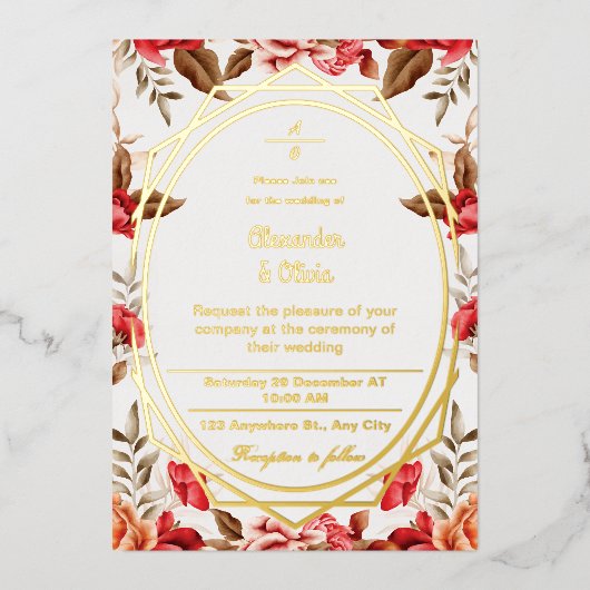 カラフルモダン結婚植物学フローラ園 箔招待状 (正面)