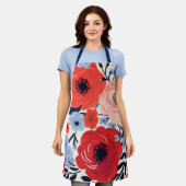 カラフルモダン赤白青水色フローラ エプロン (着用した状態)