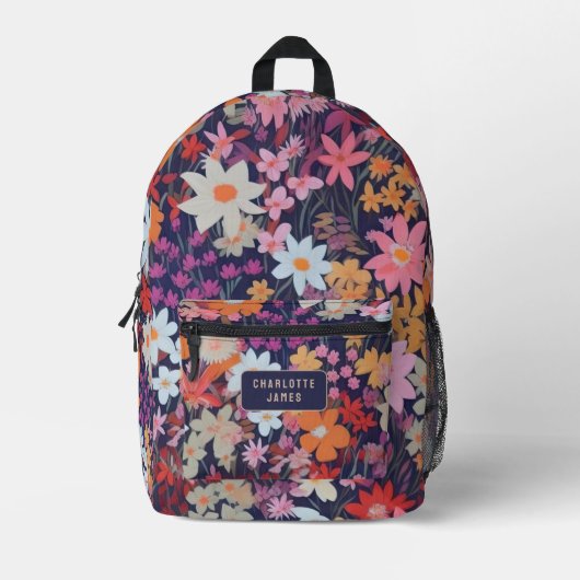 カラフルモダン野の花パーソナライズされた名 プリントバックパック (正面)