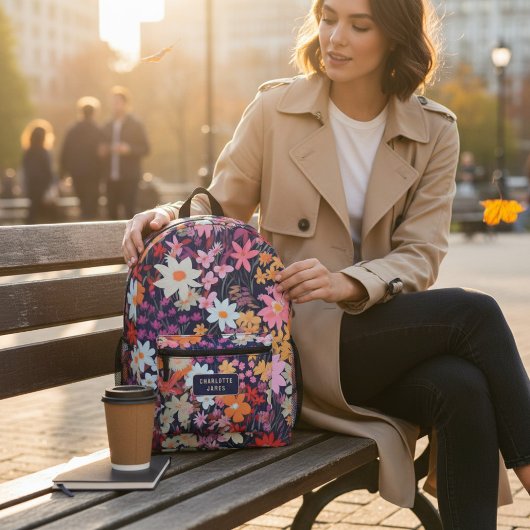 カラフルモダン野の花パーソナライズされた名 プリントバックパック