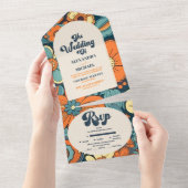 カラフルモダンGroovyレトロ70sフローラ結婚 オールインワン招待状 (貼ってはがせる)