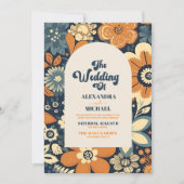 カラフルモダンGroovyレトロ70sフローラ結婚 招待状 (正面)