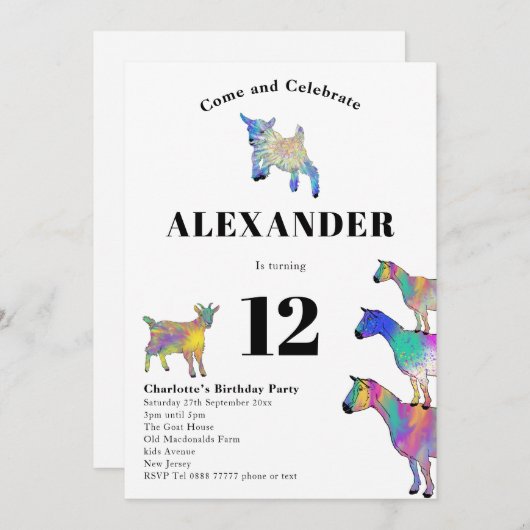 カラフルヤギ水彩12thバースデーパーティー 招待状 (正面/裏面)