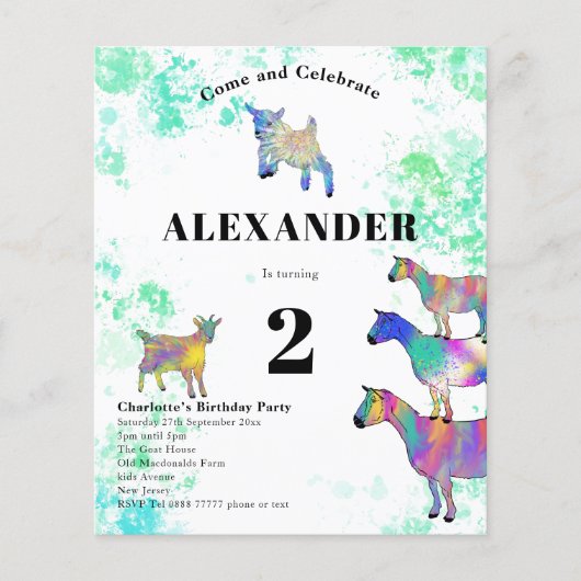 カラフルヤギ誕生日パーティー予算 チラシ (正面)