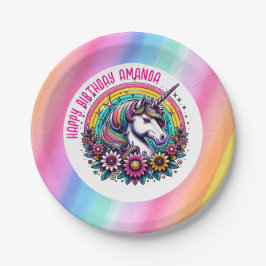 カラフルユニコーンとレインボーパーソナライズされた誕生日 ペーパープレート