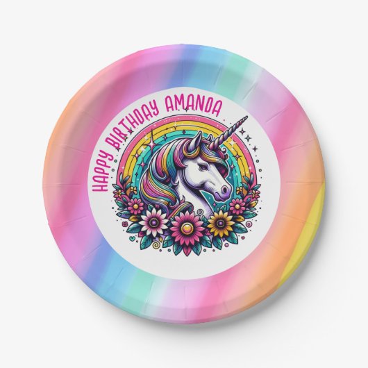 カラフルユニコーンとレインボーパーソナライズされた誕生日 ペーパープレート (正面)