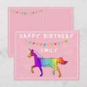 カラフルユニコーンバンティングフラグ ピンク ハッピー バースデー ポストカード (正面/裏面)