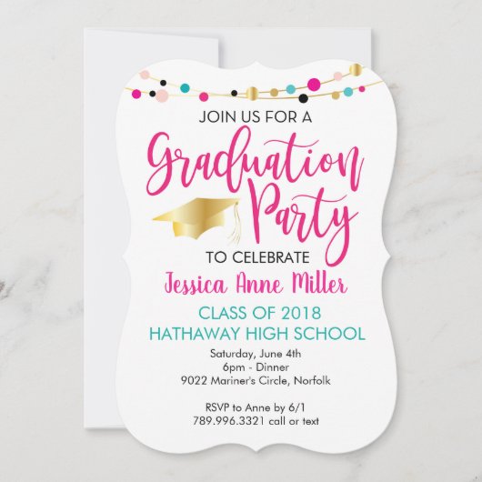 カラフルライトピンクの金ゴールドの卒業パーティー 招待状 (正面)
