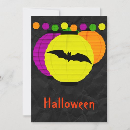 カラフルランタンと黒いコウモリのハロウィン 招待状 (正面)