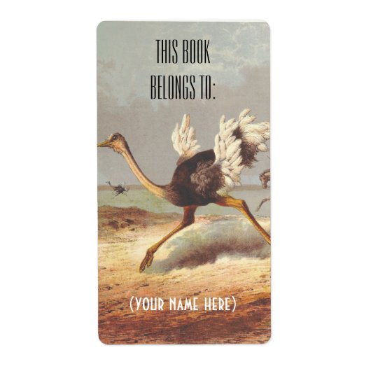 カラフルランニングダチョウイラストレーション蔵書票 ラベル (正面)