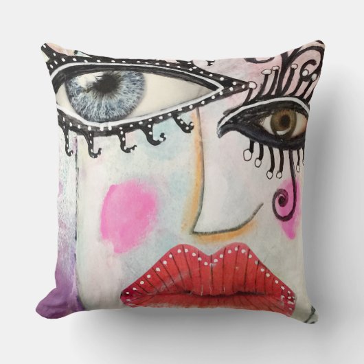 カラフルリップはっきりしたアイズ予測できなコラージアートグラフィティ クッション (正面)