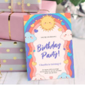 カラフルレインボーと雲の子供の1歳の誕生日パーティー 招待状