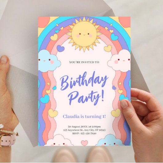 カラフルレインボーと雲の子供の1歳の誕生日パーティー 招待状