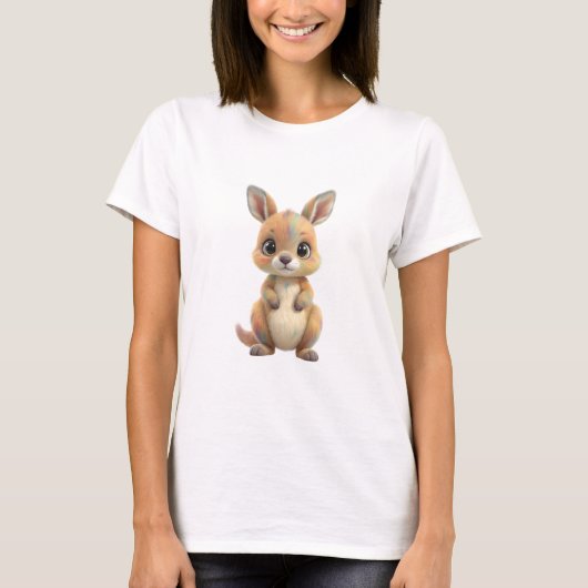 カラフルレインボーベビーカンガルーイラスト女子 Tシャツ (正面)
