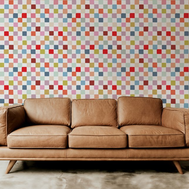 カラフルレインボー手描きプ市松模様にライド 壁紙 (Colorful rainbow hand-drawn checkers modern peel and stick wallpaper.)