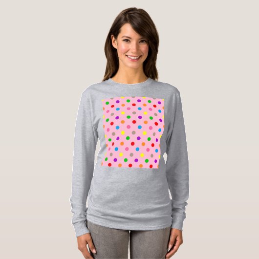 カラフルレインボー水玉 ピンク Tシャツ (正面フル)