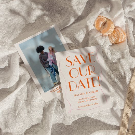 カラフルレトロかわいい明るいヴィンテージ結婚写真 セーブザデート