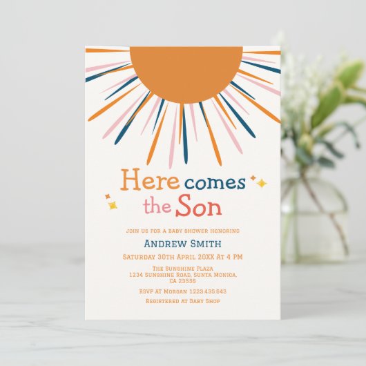 カラフルレトロこ来この息子の赤ちゃんシャワー 招待状 (スタンド正面)