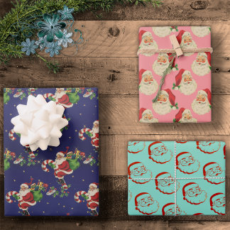 カラフルレトロなサンタクロースのヴィンテージクリスマスプレゼント ラッピングペーパーシート