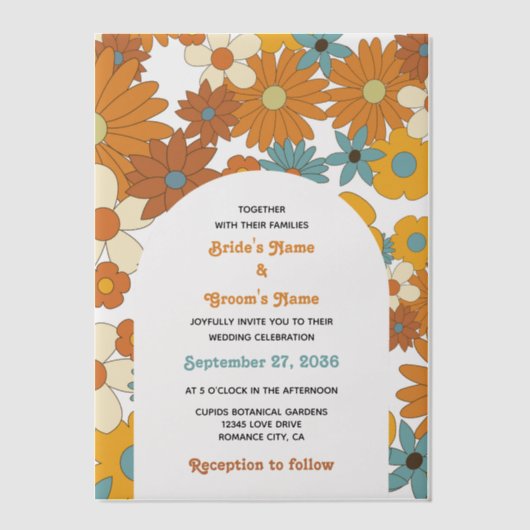 カラフルレトロの花60's 70's Arch 結婚's ベラム紙招待状 (正面)