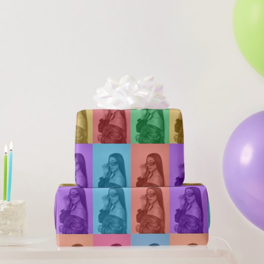 カラフルレトロアポップ・アートのートモダンカスタムフォトグリッド ラッピングペーパー (パーティーギフト)