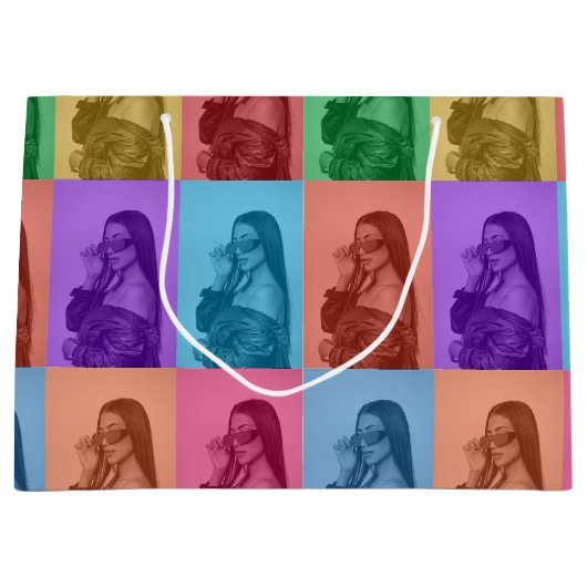 カラフルレトロアポップ・アートのートモダンカスタムフォトグリッド ラージペーパーバッグ (正面)