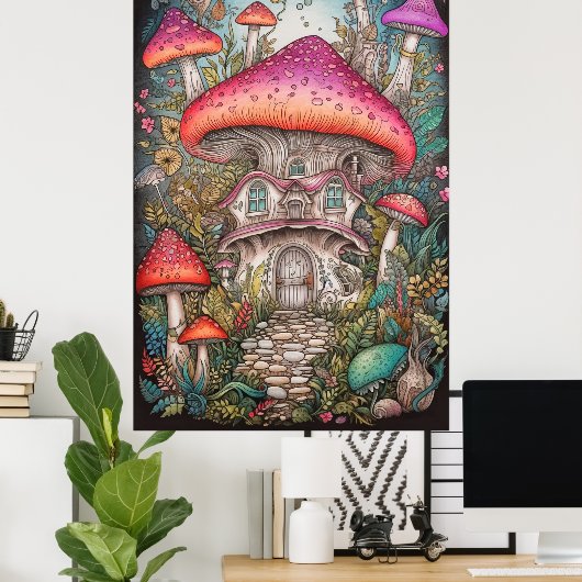 カラフルレトロサイケデリックキノコイラストレーション ポスター (ホームオフィス)