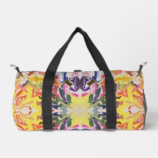 カラフルレトロサイケデリック万華鏡のように千変万化するパターン抽象芸術 ダッフルバッグ (正面)